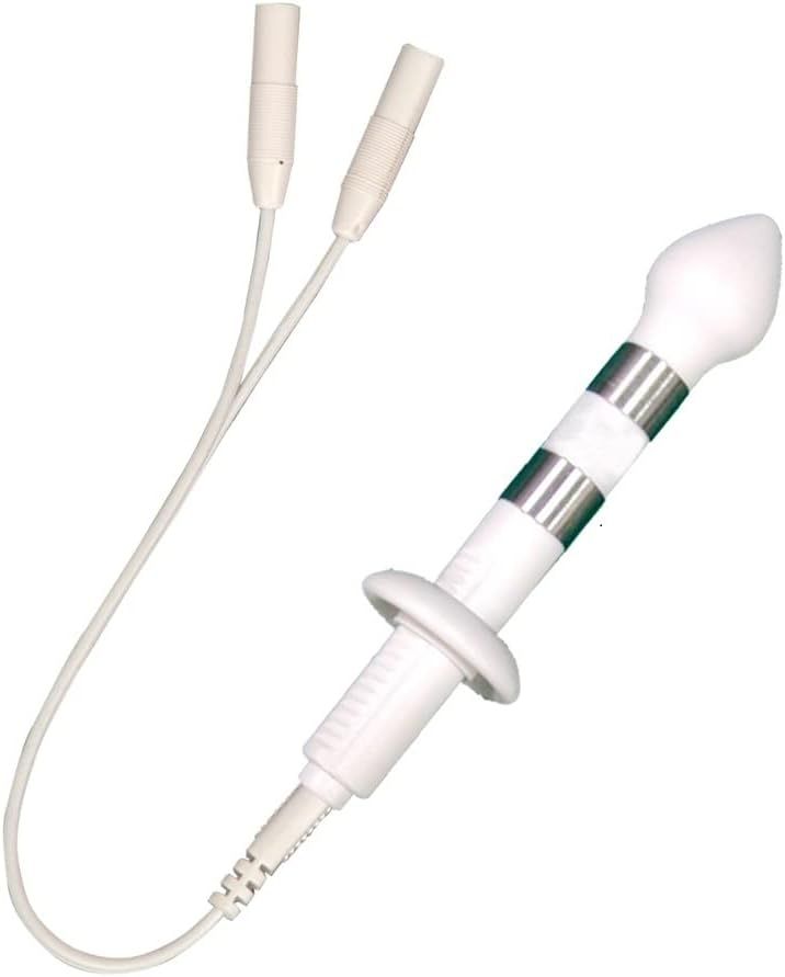 Sonde pour appareil d'exercices du plancher pelvien. Blanche, cylindrique avec anneaux métalliques. Câble à deux connecteurs.