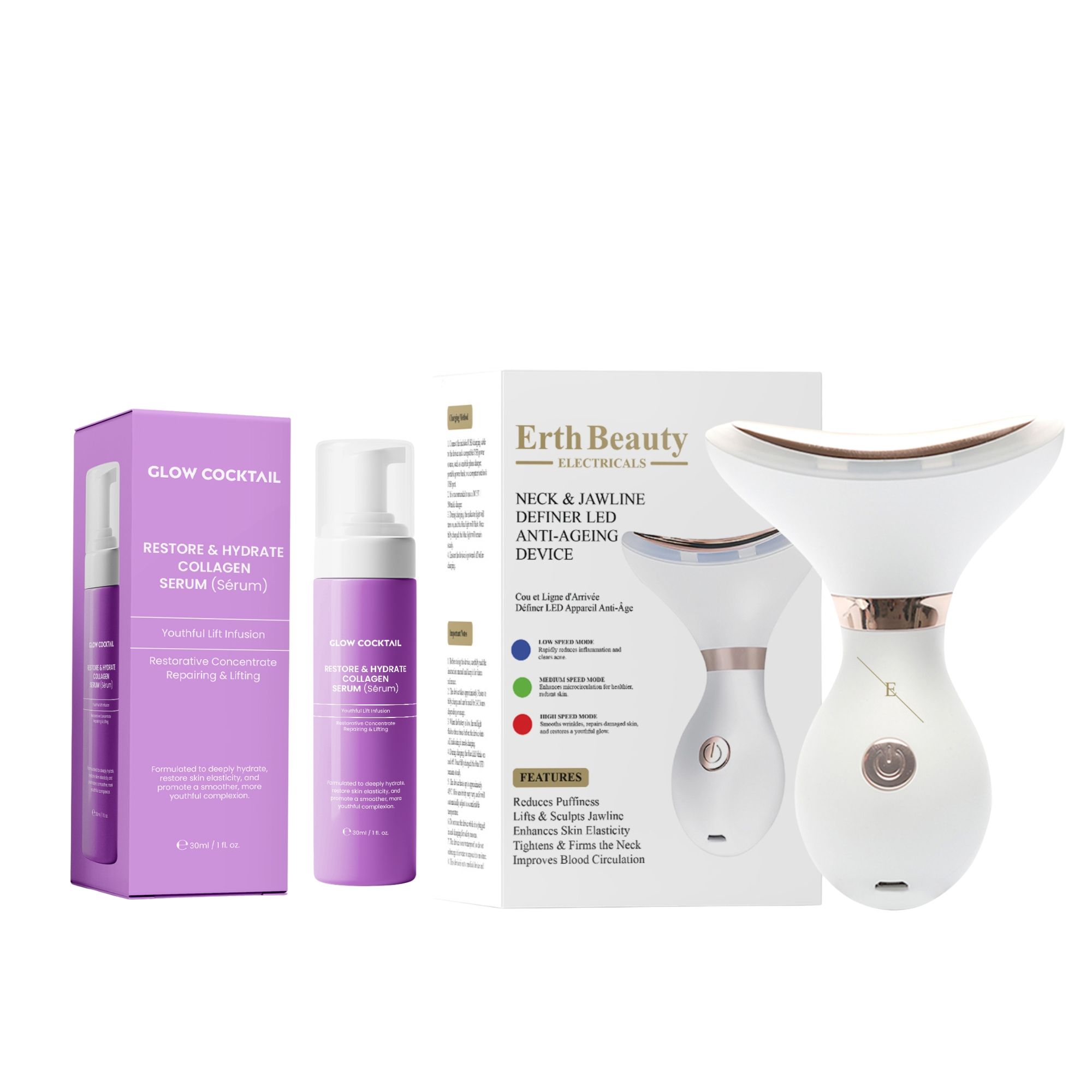 Glow Cocktail Système LED Anti Age Cou et Ovale du Visage avec Sérum au Collagène