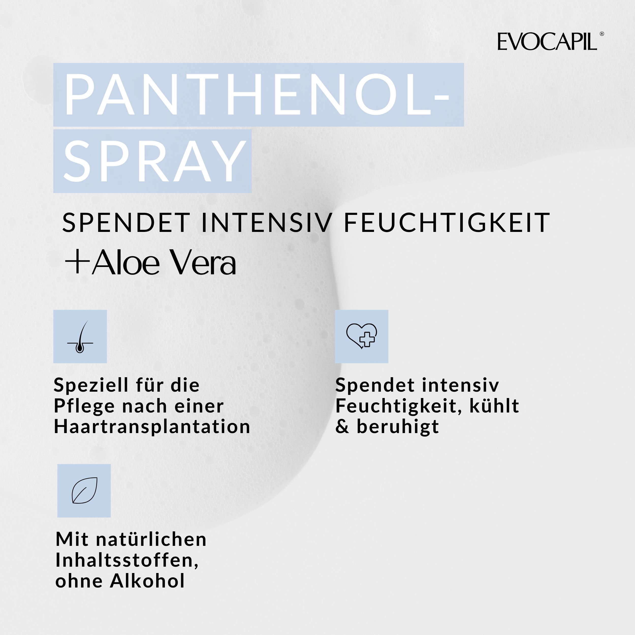Tekst op blauwe achtergrond: Panthenol-Spray. Hydrateert + Aloë Vera. Speciaal voor de verzorging na haartransplantatie.