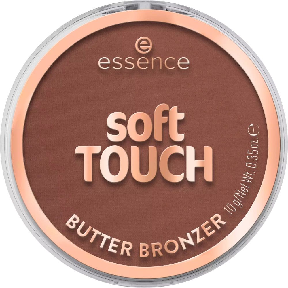 Bronzer rond dans un boîtier. "essence soft TOUCH butter bronzer" est écrit sur le boîtier.
