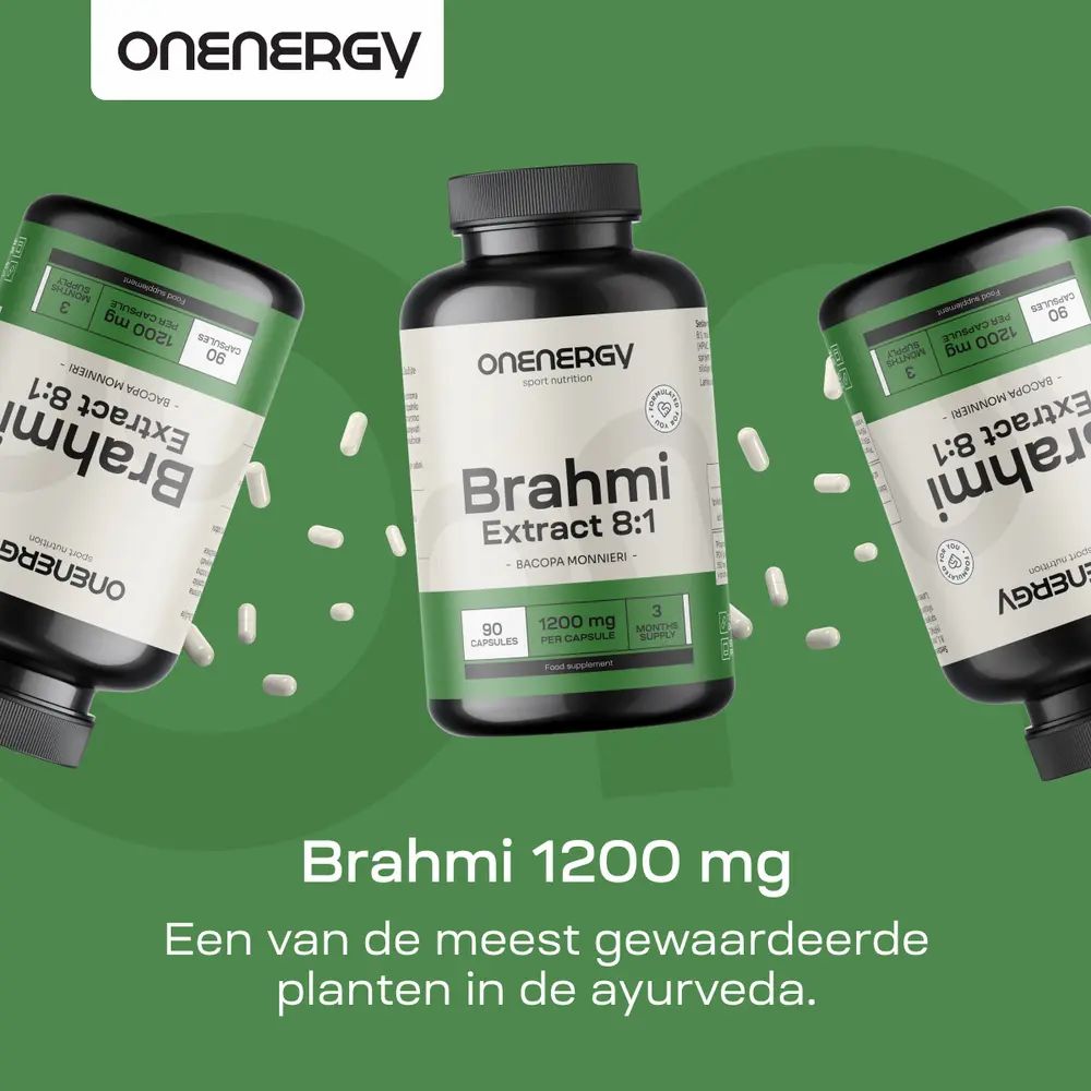 Drie flessen met capsules. Opschrift: Brahmi 1200 mg, 90 capsules. Groen-witte achtergrond.
