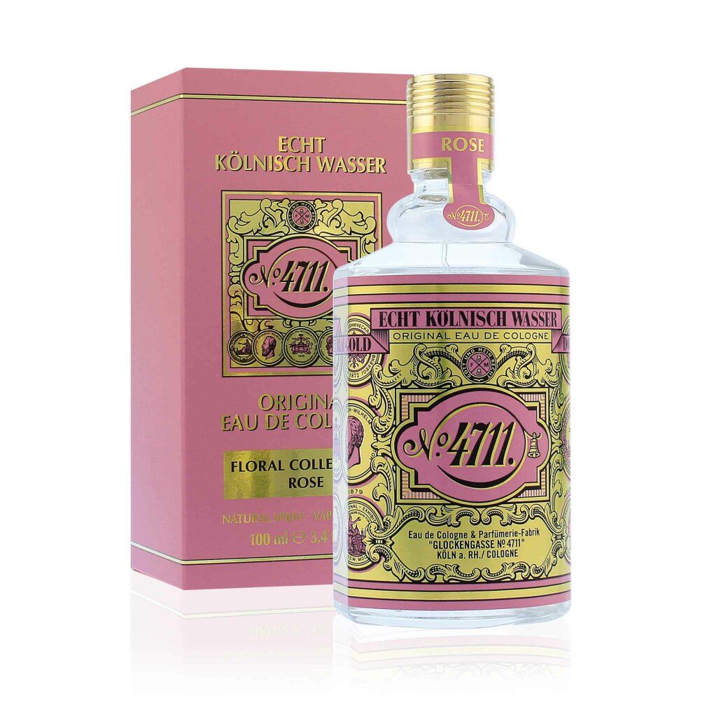 Emballage produit avec flacon. Boîte rose avec flacon. Flacon avec étiquette rose, détails dorés et inscription '4711 Rose'.