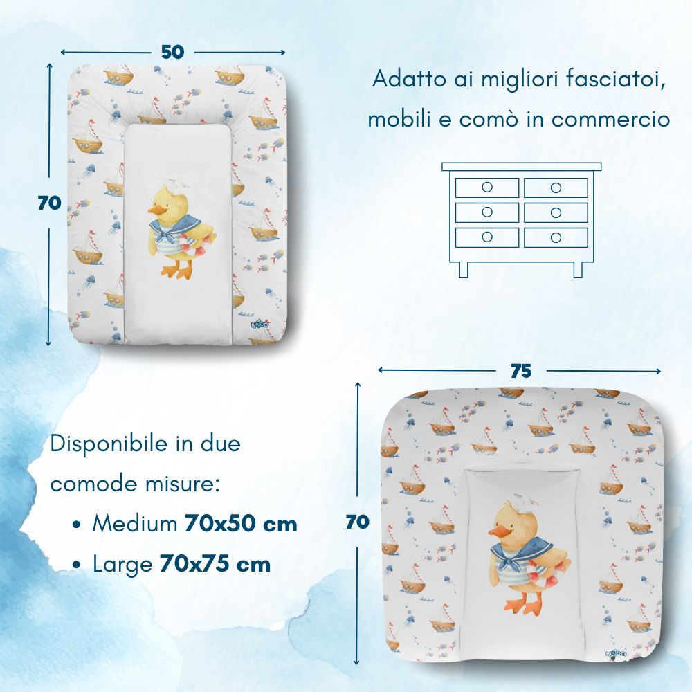 Twee aankleedkussens met eendenmotief. Afmetingen: 70x50 cm en 70x75 cm. Tekst: "Adatto ai migliori fasciatoi, mobili e comò in commercio".