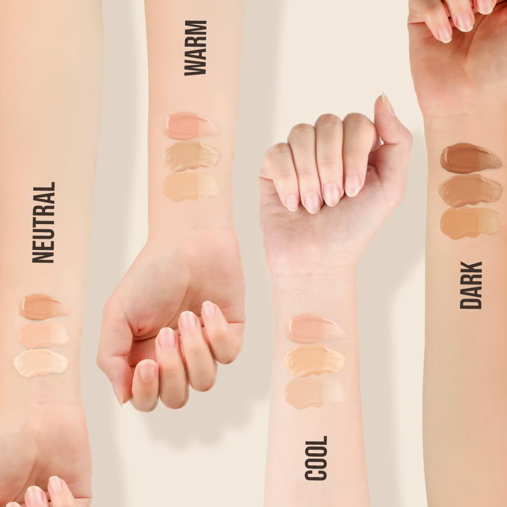 Armen met concealer swatches. Neutraal, Warm, Koel, Donker. Tintaanduidingen.