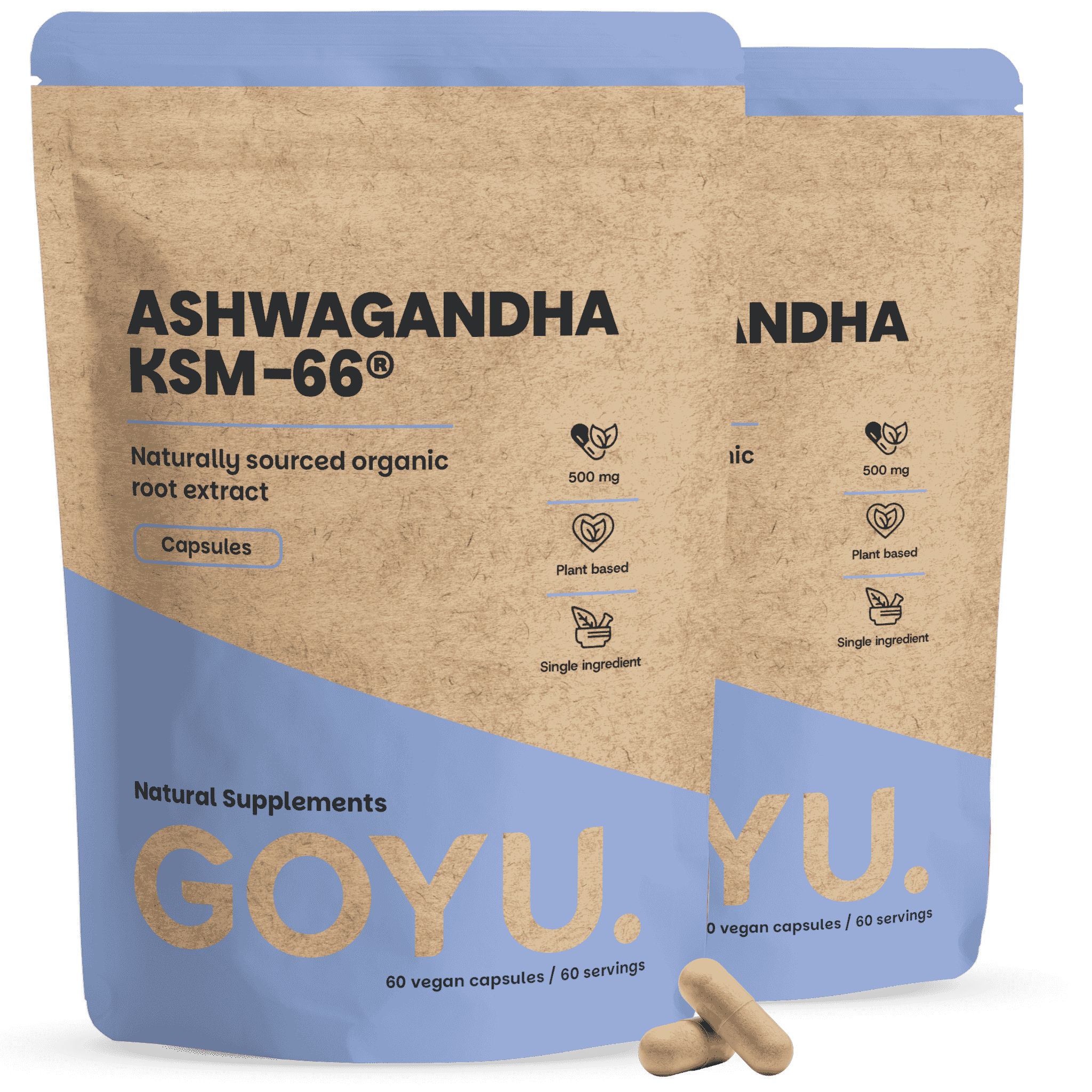 Twee verpakkingen Ashwagandha KSM-66 capsules, 500 mg, Bio.