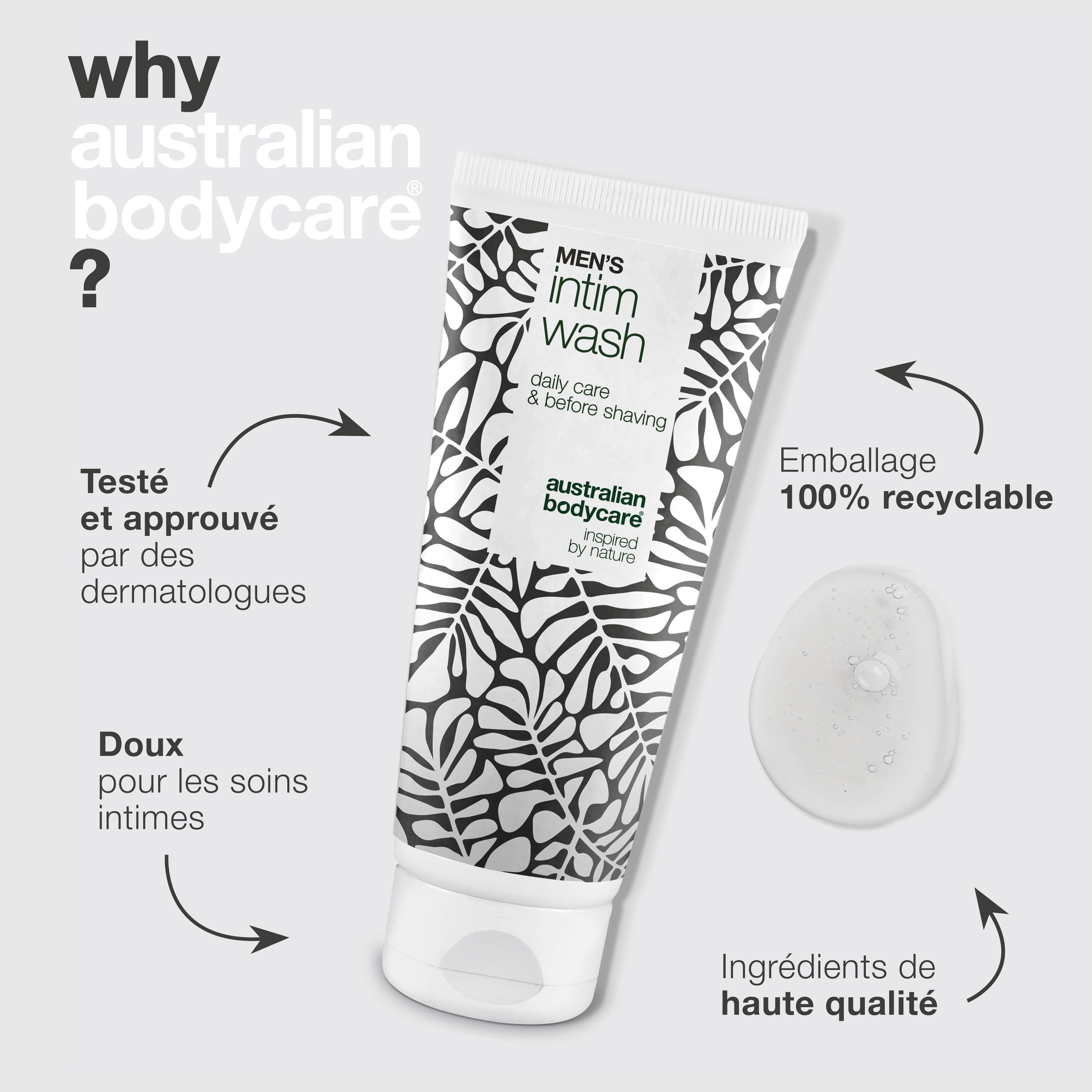 Image produit avec texte et flèches. Tube gel intime. Texte: Men's Intim Wash, Australian Bodycare. Flèches: testé dermatologiquement, etc.