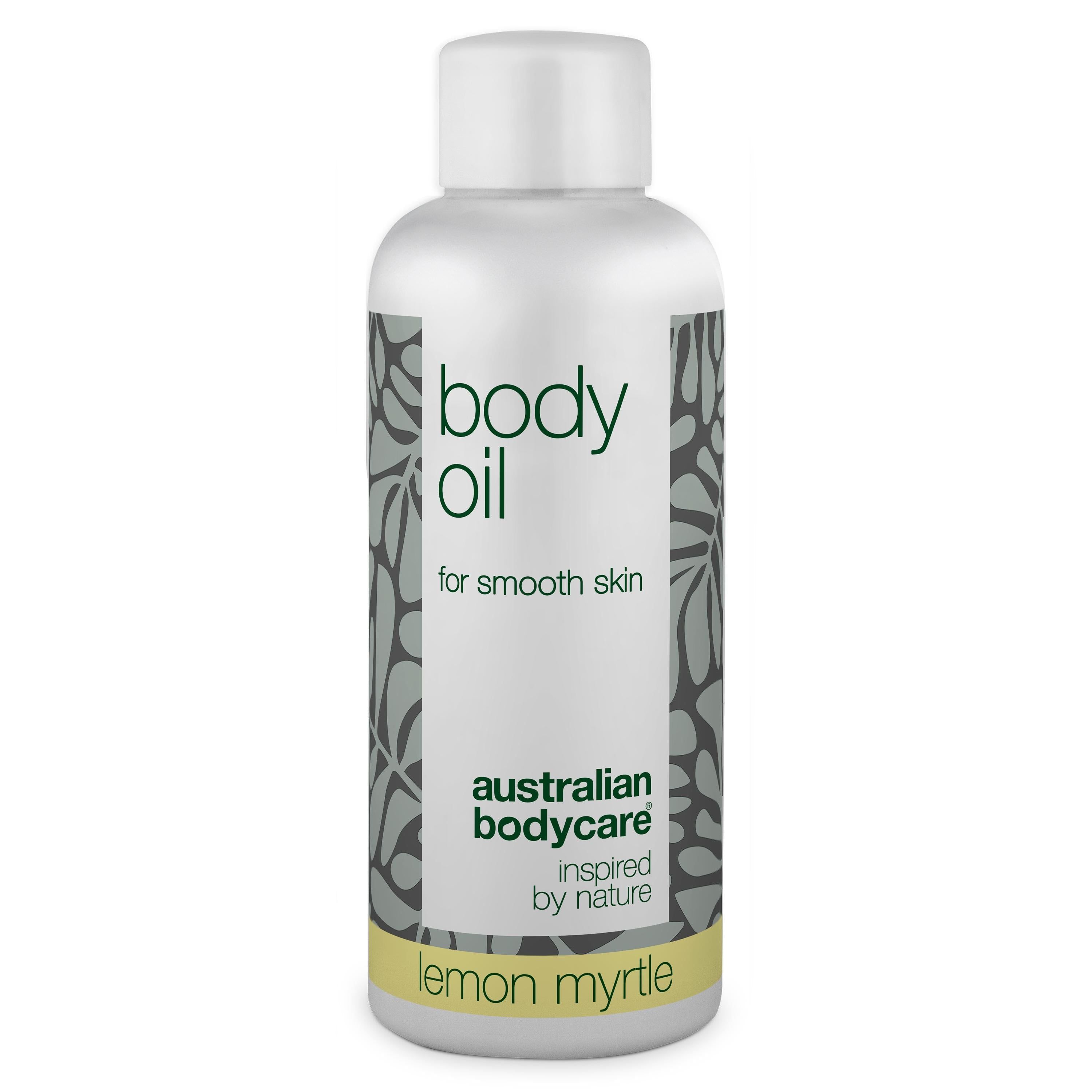 Witte fles met groen etiket. Opschrift: body oil, for smooth skin, australian bodycare, lemon myrtle.