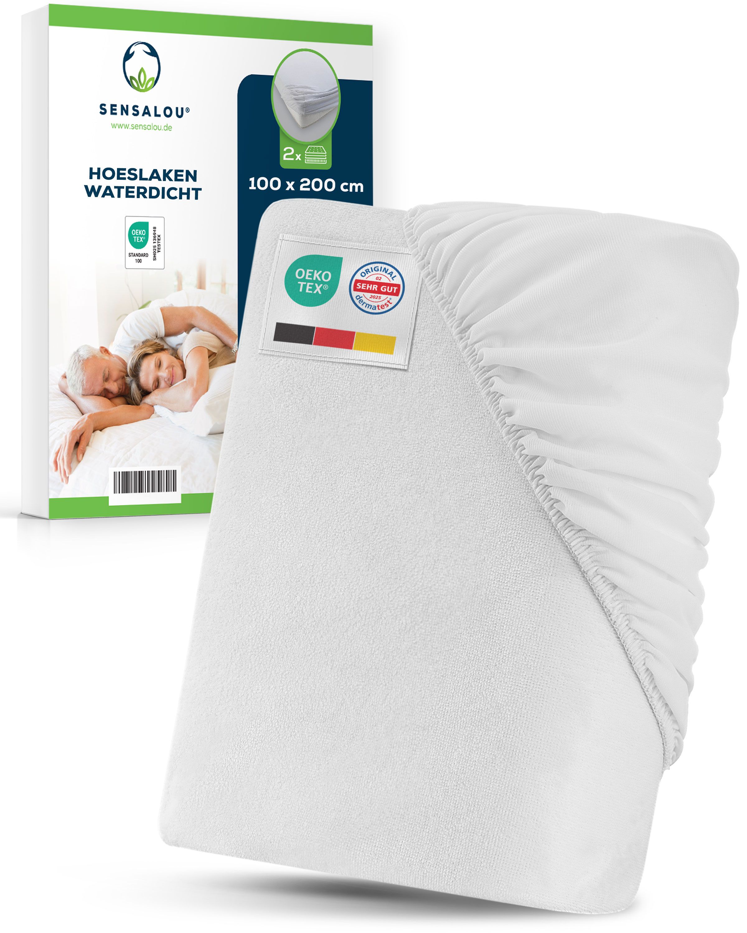 Wit waterdicht hoeslaken. Verpakking met productafbeelding en certificeringen.