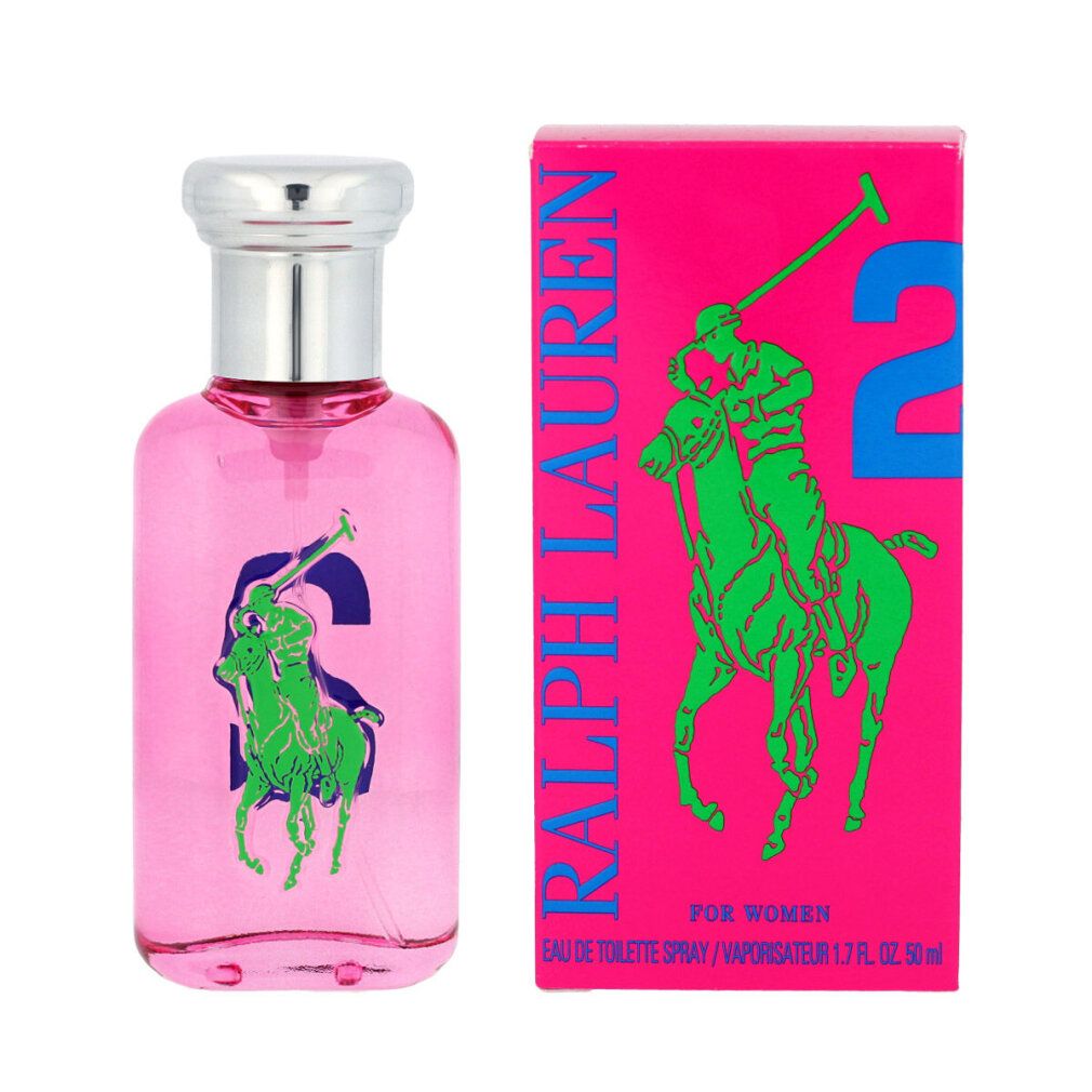 Flacon et boîte roses. Logo vert et "2" bleu. "Ralph Lauren" et nom du produit. Pour femmes.