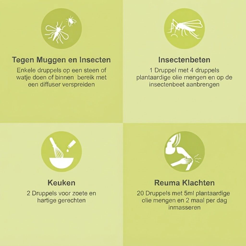 Fles etherische olie, druppel valt eraf, tekst over Franse kwaliteit en keurmerken zoals Ecocert.