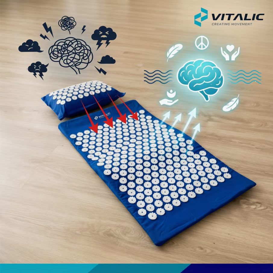 Blauwe acupressuurset met mat en kussen. Witte noppen. VITALIC logo. Grafische weergave van hersenen en pijlen.