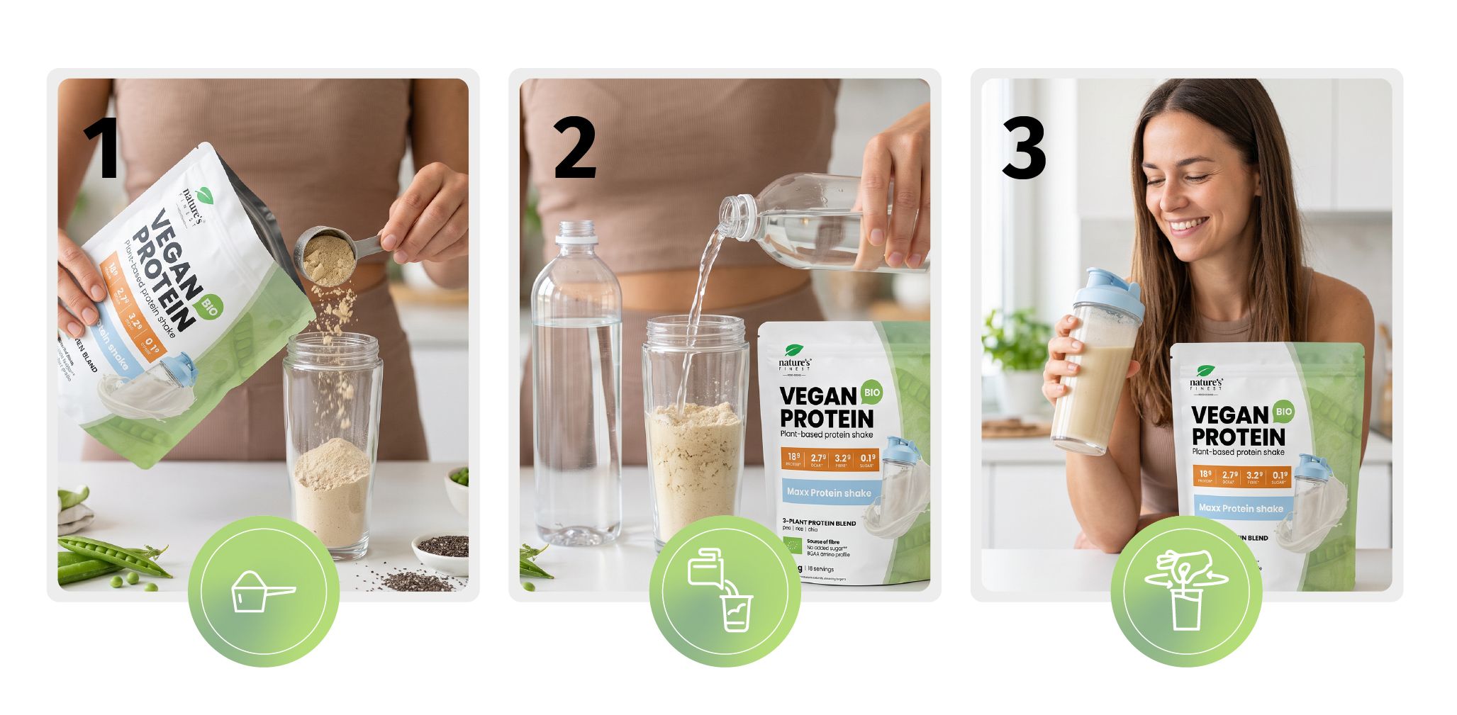 Stappen voor het bereiden van een veganistisch eiwitshake: poeder in fles, water toevoegen, schudden.