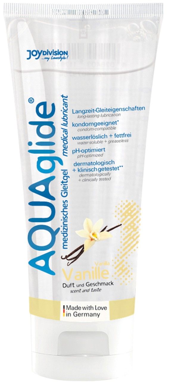 Tube de gel lubrifiant AQUAglide Vanille. Texte: propriétés lubrifiantes longue durée, soluble dans l'eau, pH optimisé. Fleur et gousse de vanille.