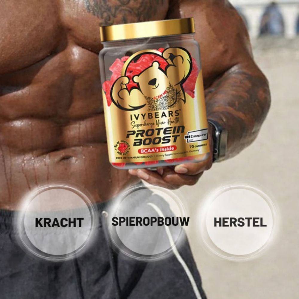 Man houdt een pot gummies vast. Tekst: Protein Boost, kracht, spieropbouw, herstel.