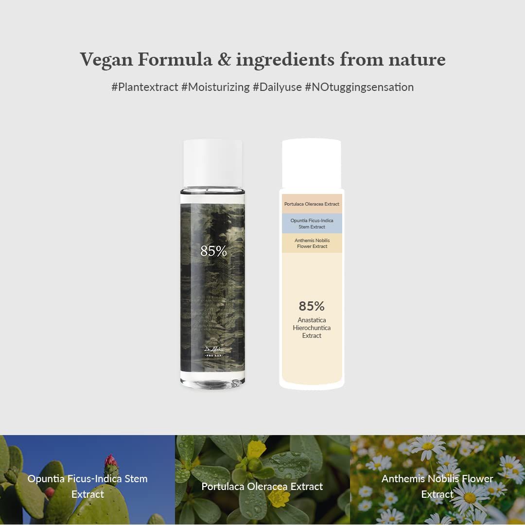 Deux bouteilles de produit, à côté des ingrédients: Opuntia Ficus-Indica, Portulaca Oleracea, Anthemis Nobilis.