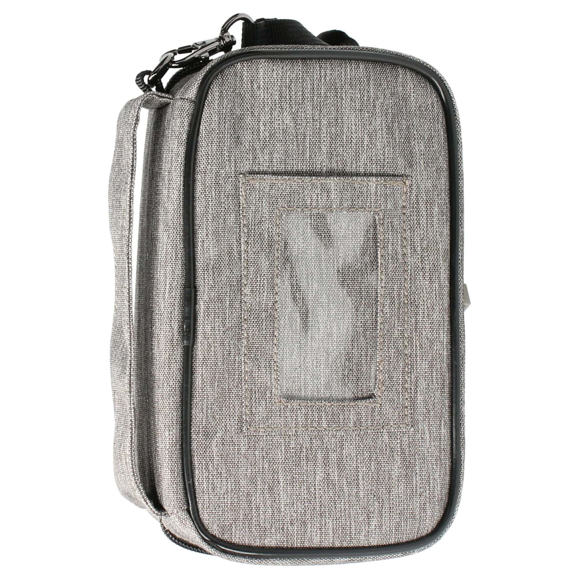 Sac gris rectangulaire avec fermeture éclair noire et poignée. Possède une fenêtre transparente.
