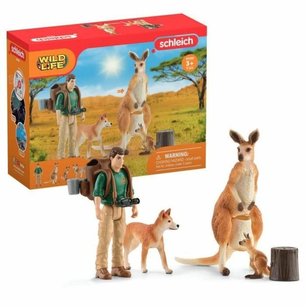 Verpakking met figuren: man, dingo, kangoeroe met jong. Opdruk: Schleich Wild Life. Kleuren: bruin, beige, groen. Aanbevolen leeftijd.