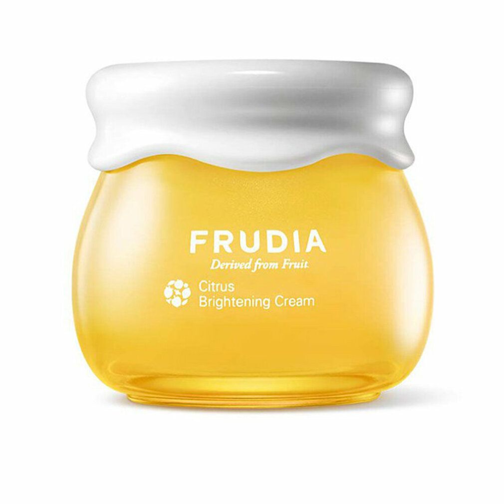 Crème éclaircissante aux agrumes Frudia dans un pot en verre jaune avec un couvercle blanc.