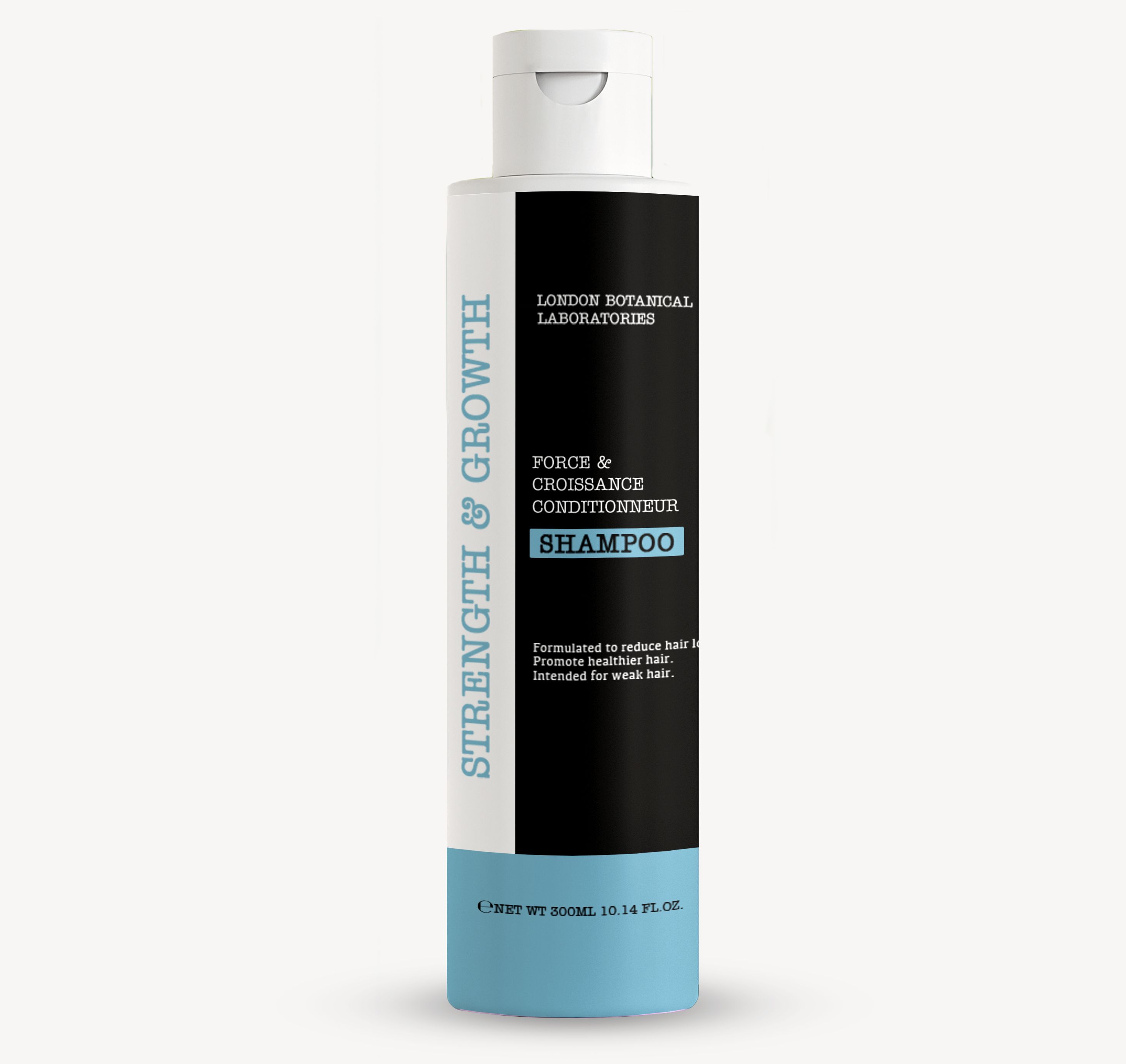 Flacon de shampooing avec bouchon blanc, base bleue et étiquette noire. Texte : Strength & Growth, Shampoo, London Botanical Laboratories.