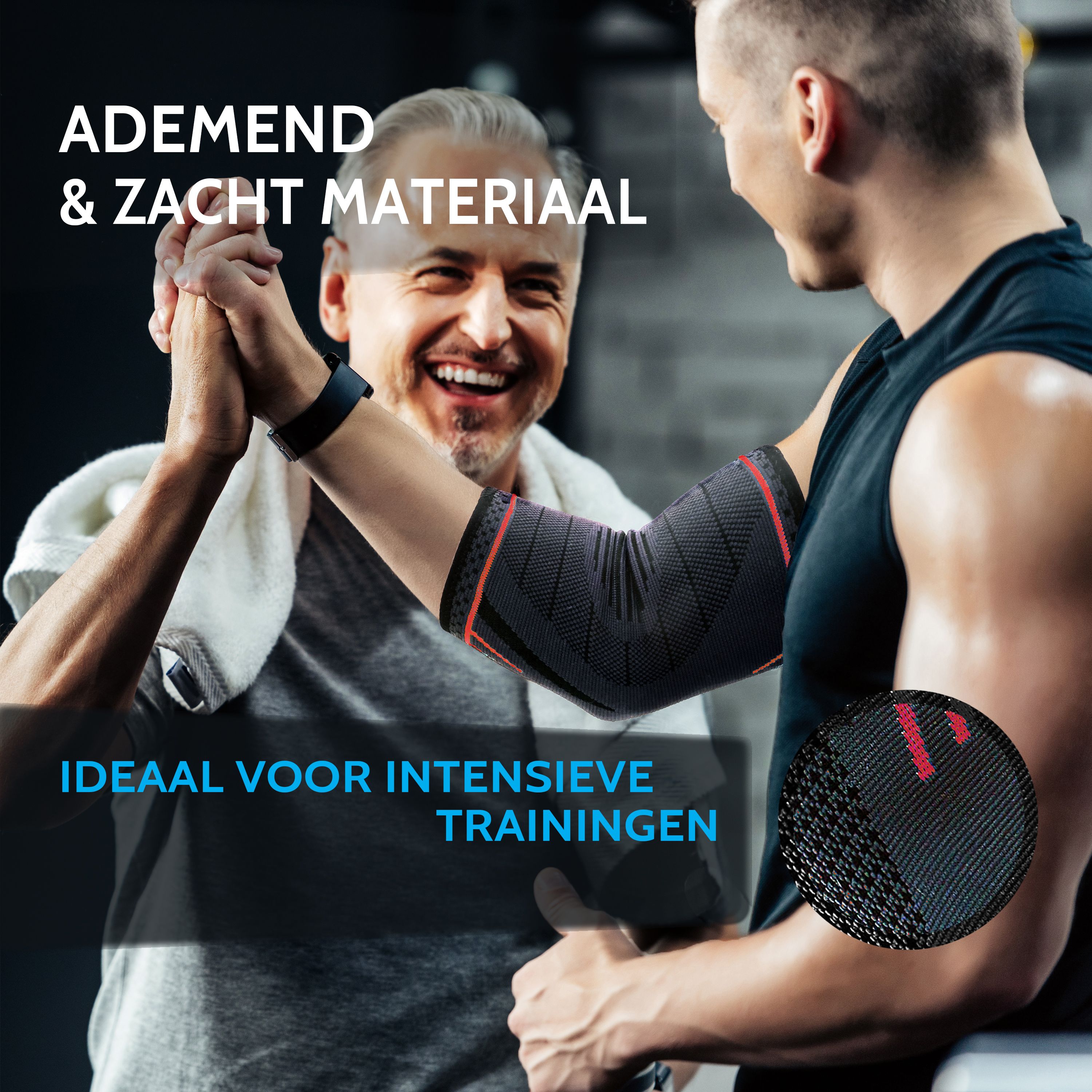 Twee mannen geven elkaar een high five. Eén draagt een elleboogbrace.
