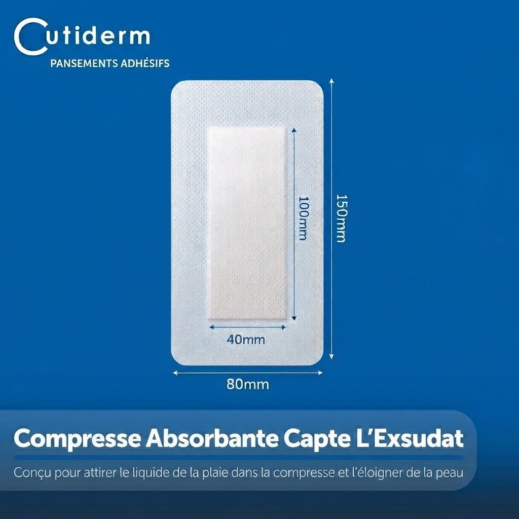 Pansement Cutiderm, 80x150mm, avec compresse absorbante de 40x100mm.