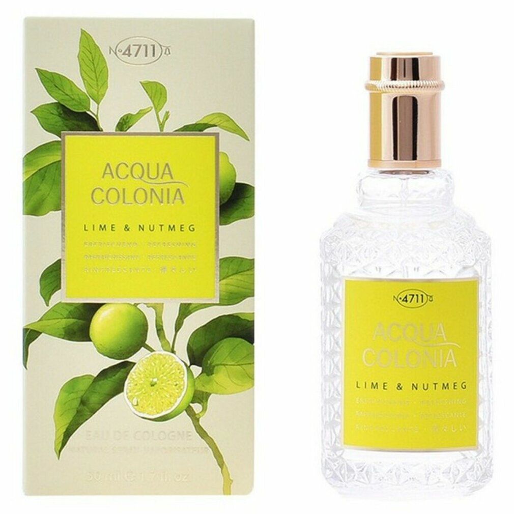 Flacon et emballage. Flacon avec étiquette verte. Emballage avec illustration de citron vert. Inscription: Acqua Colonia.