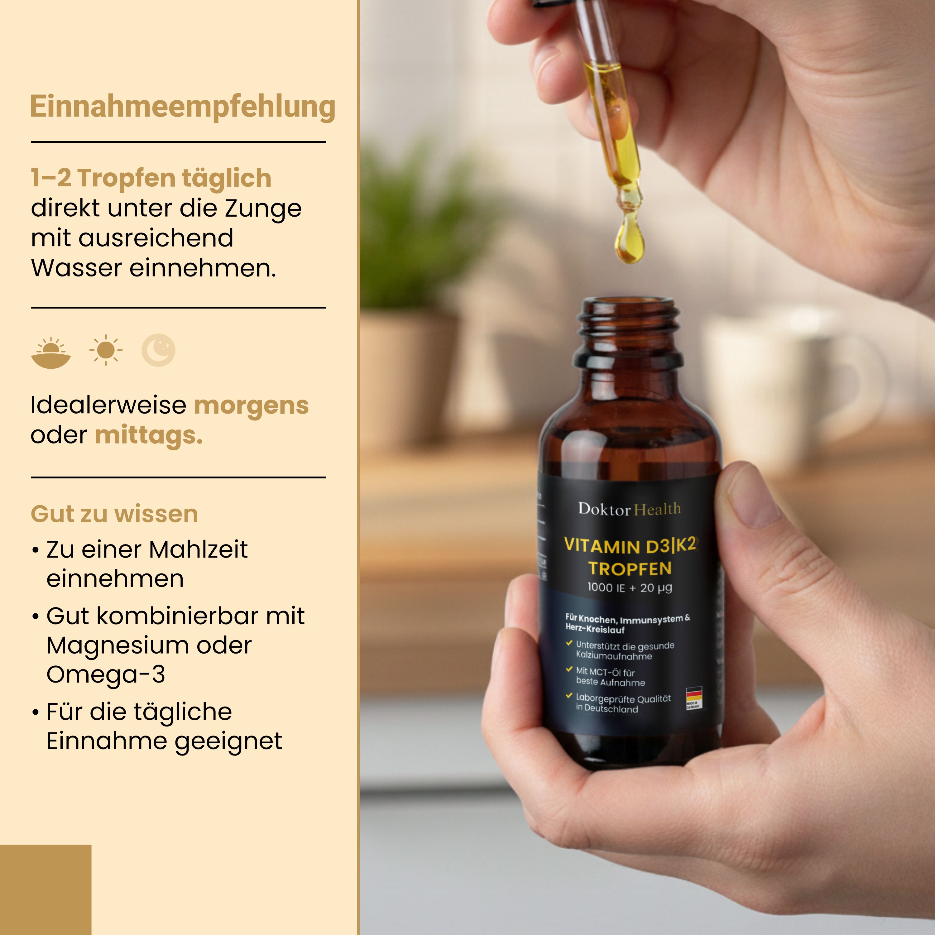 Hand houdt druppelflesje vast. Druppels vallen in de fles. Tekst: Aanbeveling voor inname.