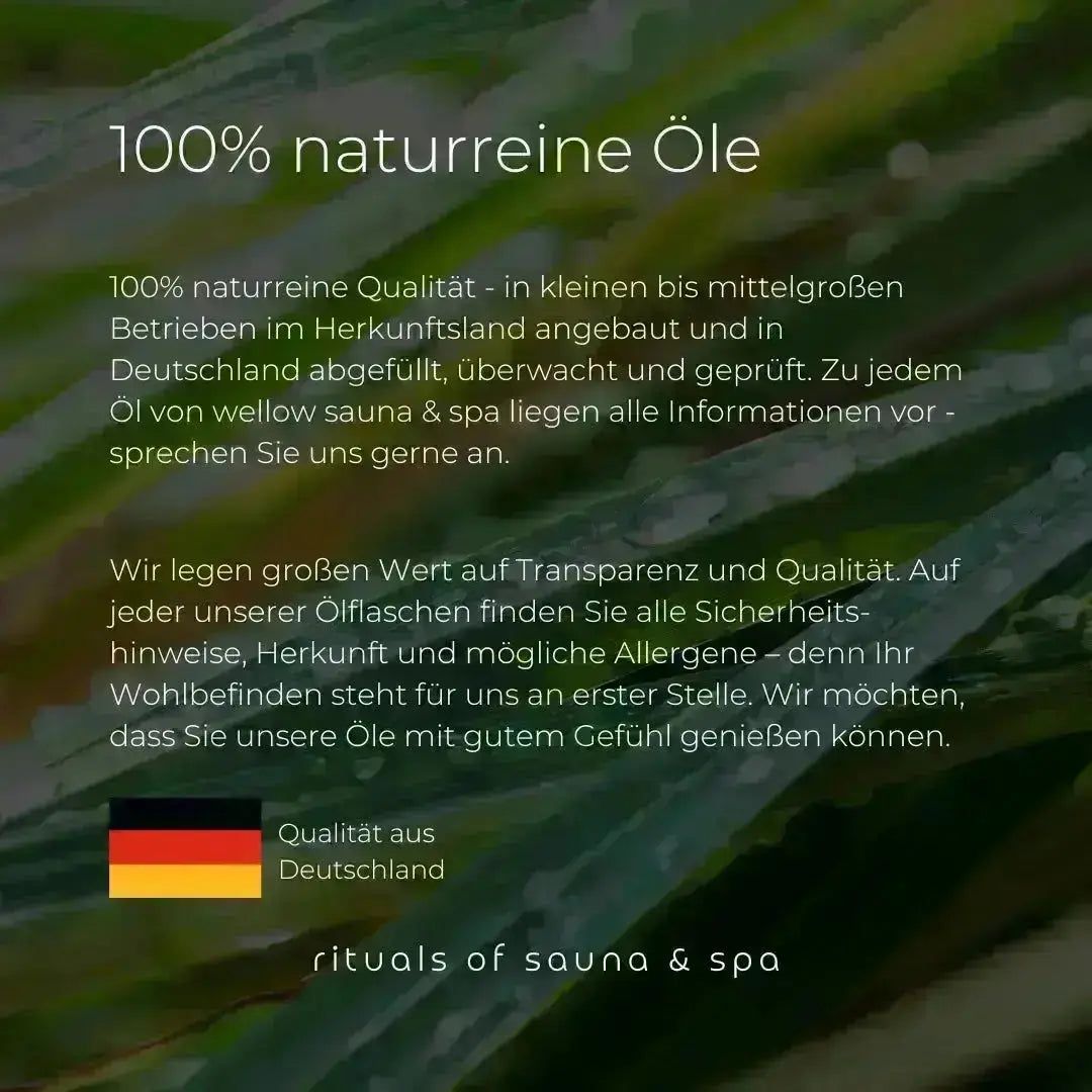 Texte : 100% huiles naturelles. Qualité d'Allemagne. Informations sur les huiles et la marque Wellow.