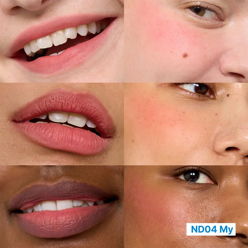 Collage van lippen en wangen die de tint ND04 My tonen.