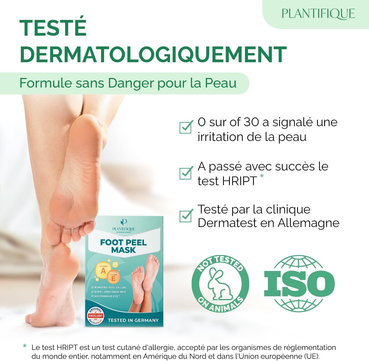 Emballage de masque peeling pour pieds avec tests dermatologiques et certification ISO.