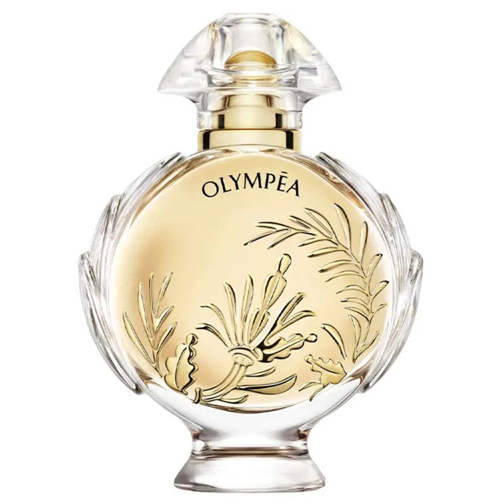 Olympéa Solar fles. Rond, goudkleurig glas met gouden versieringen. Transparante dop.