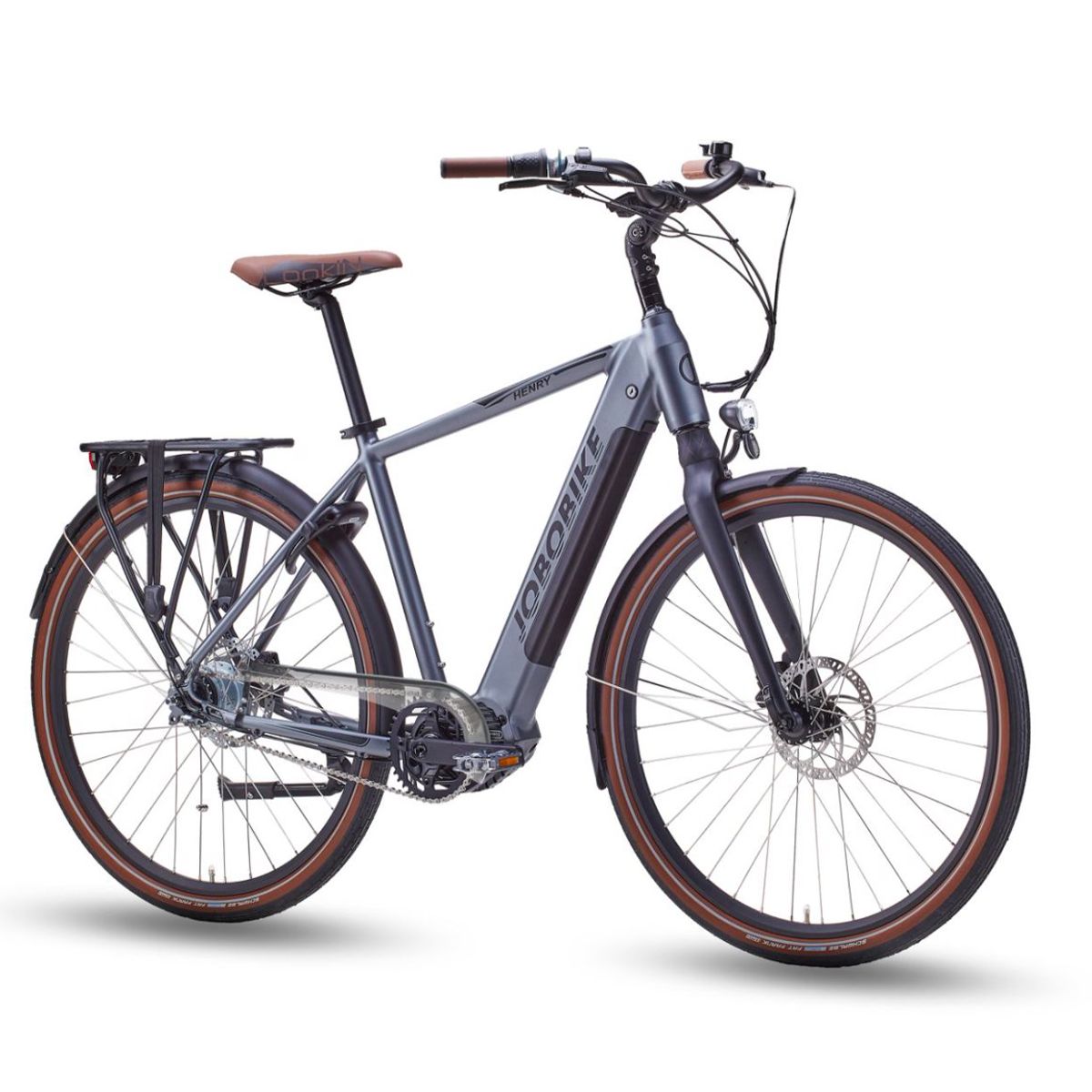 Vélo électrique gris avec pneus et selle marron. Logo JOBOBIKE sur le cadre. Porte-bagages arrière.