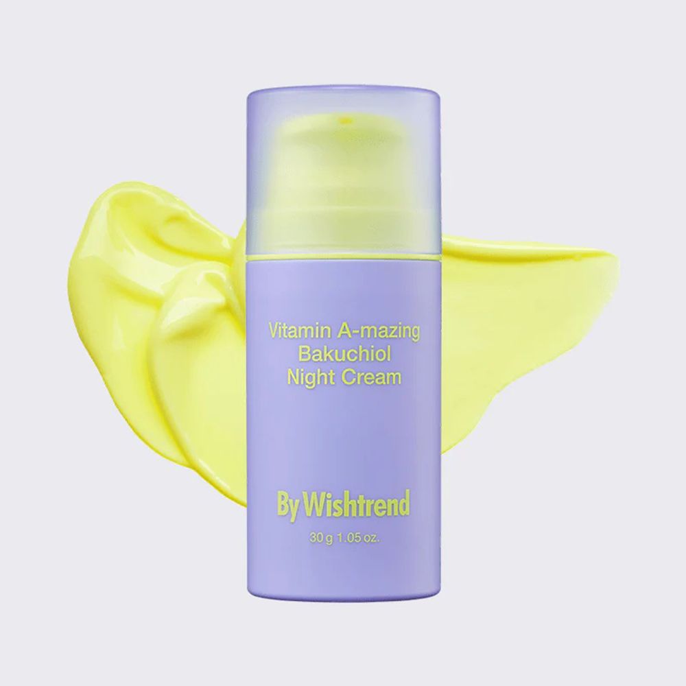 Paarse crèmefles met gele crèmespoor. Tekst: Vitamin A-mazing Bakuchiol Night Cream, By Wishtrend.
