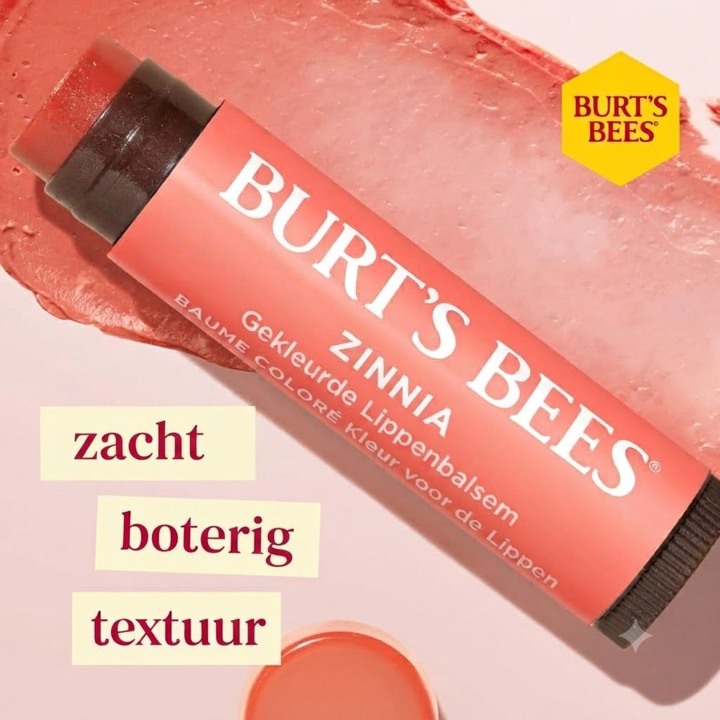 Burt's Bees getinte lippenbalsem Zinnia. Roze huls met witte tekst.