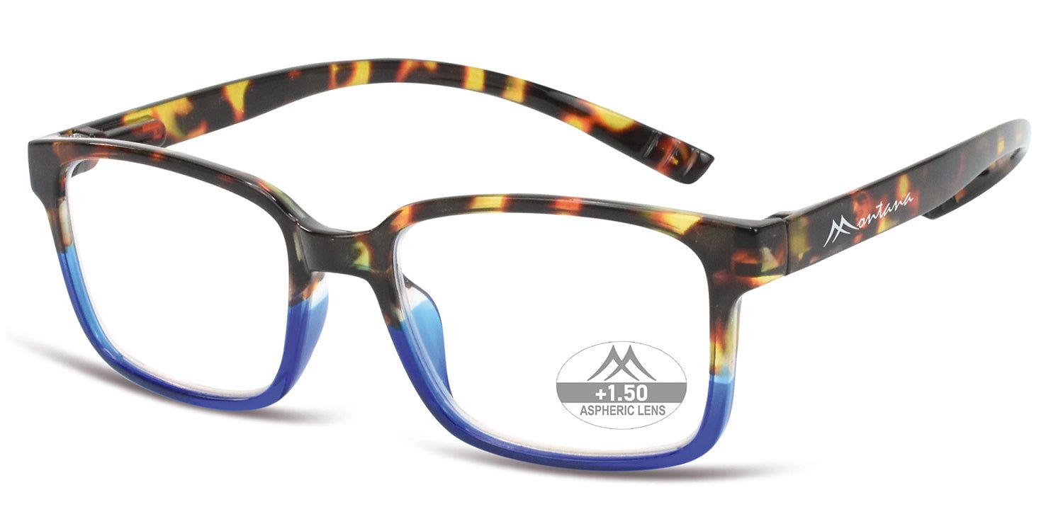 Lunettes avec monture bleue et motif marron-jaune. "+1.50 ASPHERIC LENS" est inscrit sur le verre.