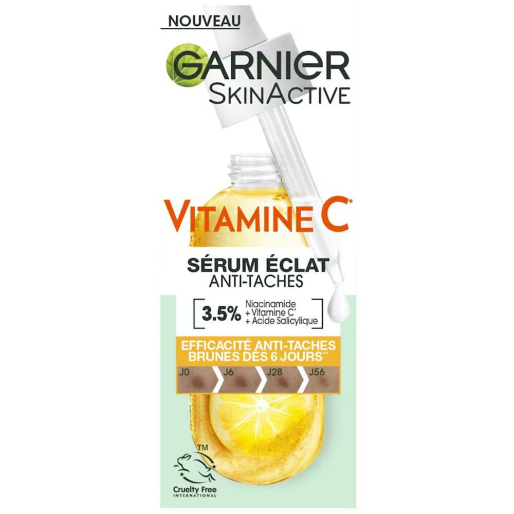 Emballage du produit avec flacon de sérum et pipette. Inscription: Garnier SkinActive Vitamin C Sérum Éclat Anti-Taches. Contient 3,5% Niacinamide, Vitamine C et Acide Salicylique.