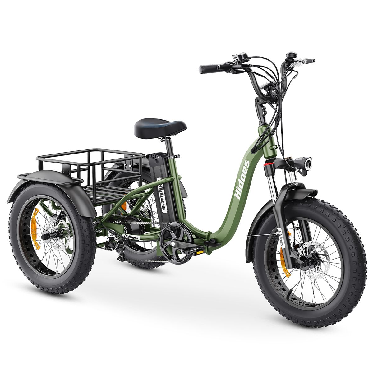 Tricycle électrique vert avec panier, pneus et siège noirs. Marque : Hidoes. Avec phare et batterie.