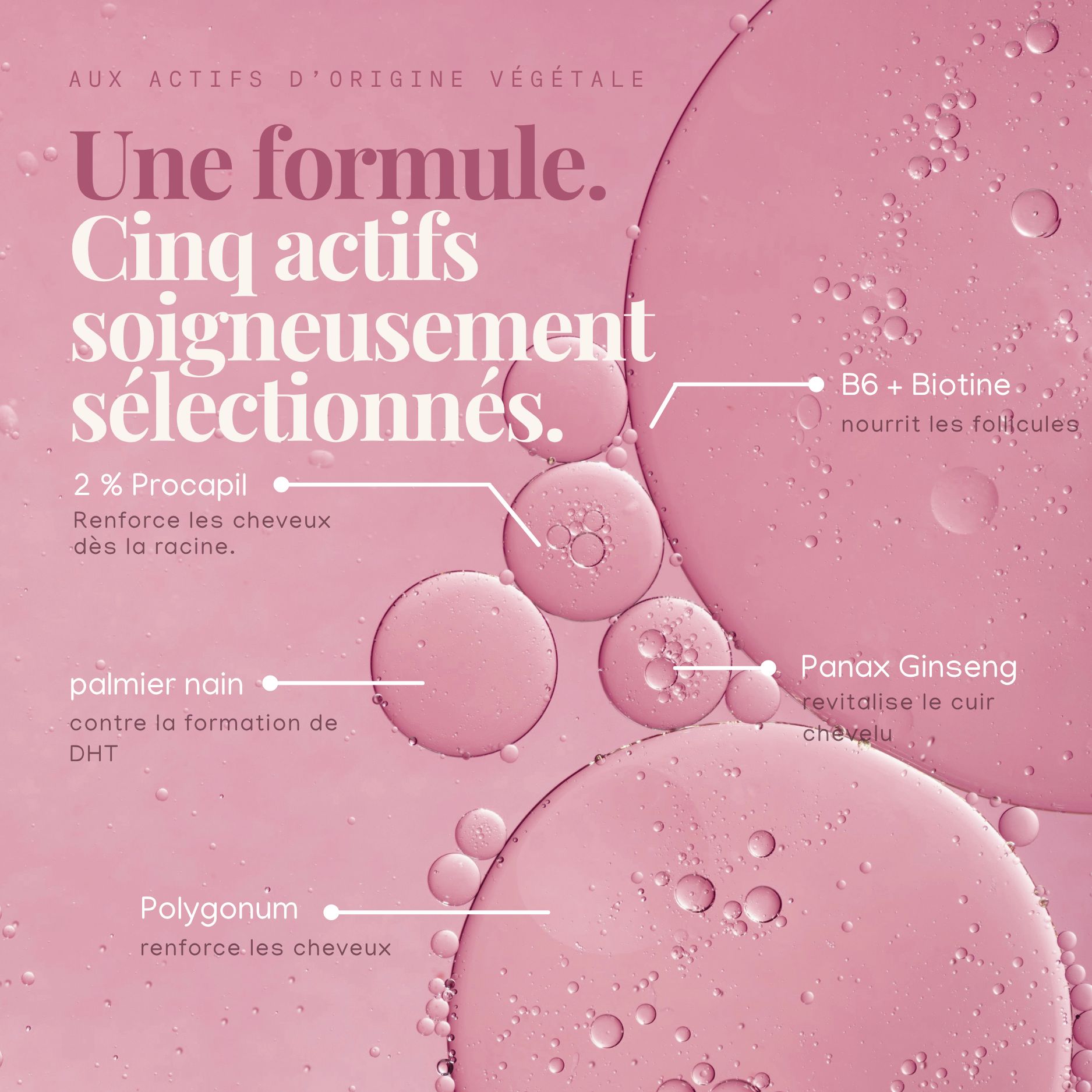 Représentation abstraite des ingrédients actifs avec le spray Hairforte.