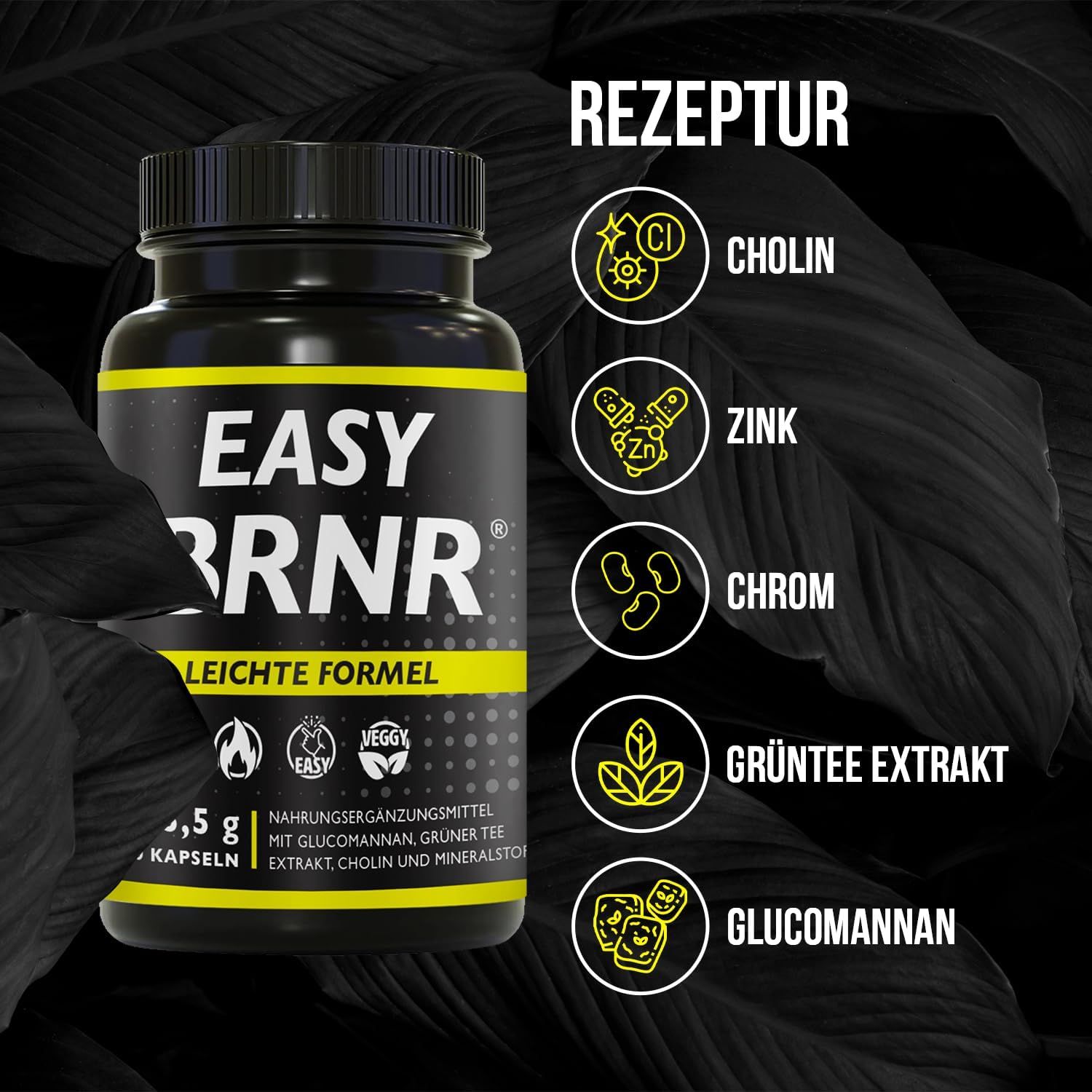 Zwarte fles met geel etiket. Opschrift: EASY BRNR, Lichte Formule. Bevat capsules. Ingrediënten: Choline, Zink, Chroom, Groene thee extract, Glucomannan.