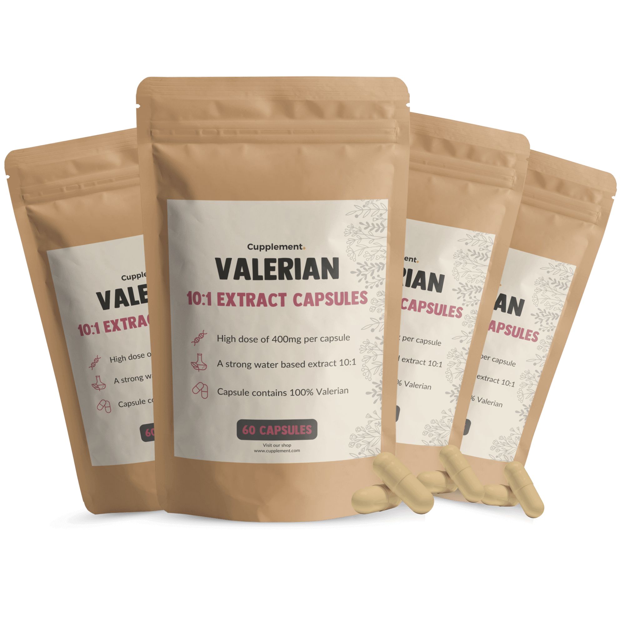 Meerdere zakjes met capsules. Opschrift: Valerian 10:1 Extract Capsules. 60 capsules. Bruine verpakking.