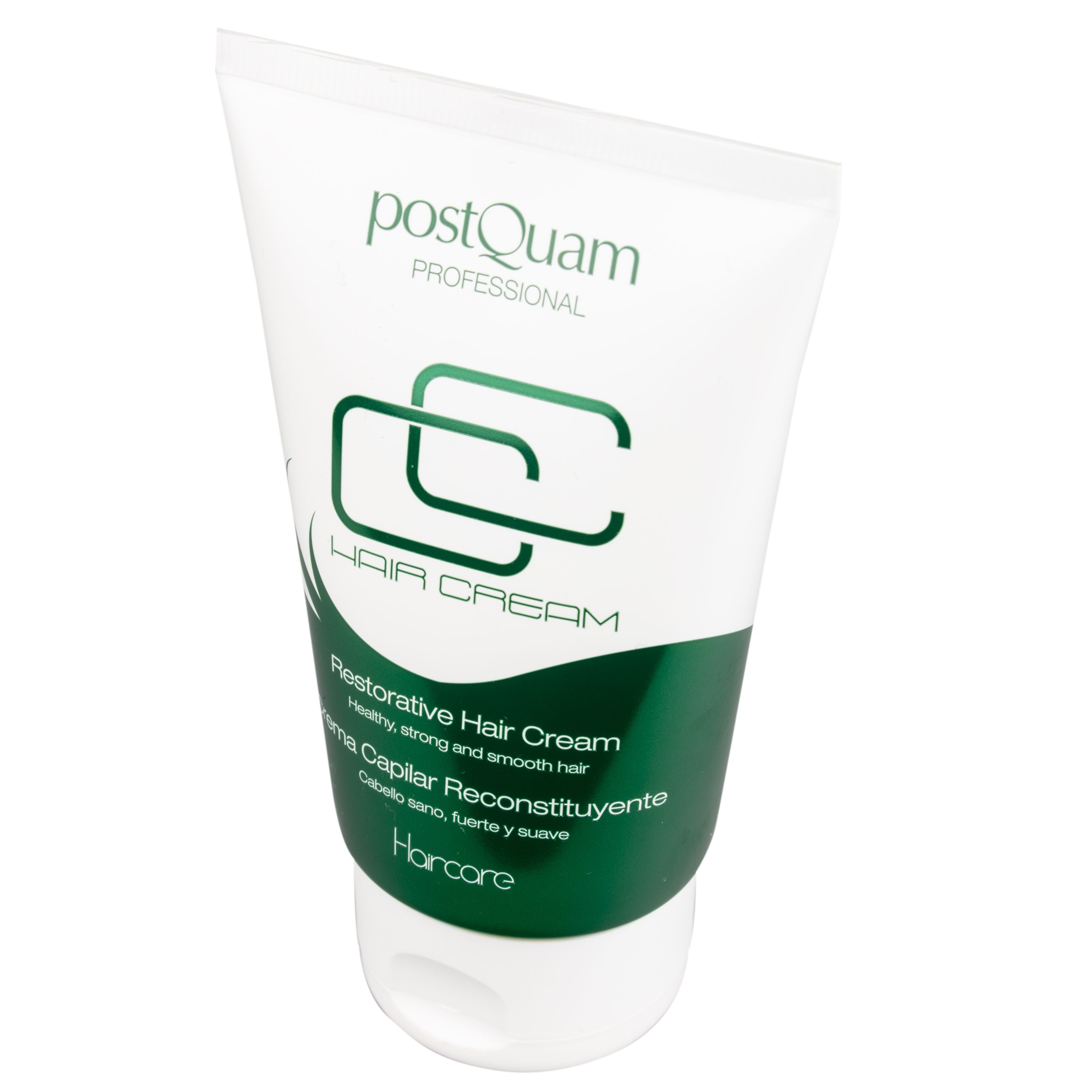 Witte tube met groene band. Tekst: Restorative Hair Cream, PostQuam Professional. Opschriften in het Engels en Spaans.