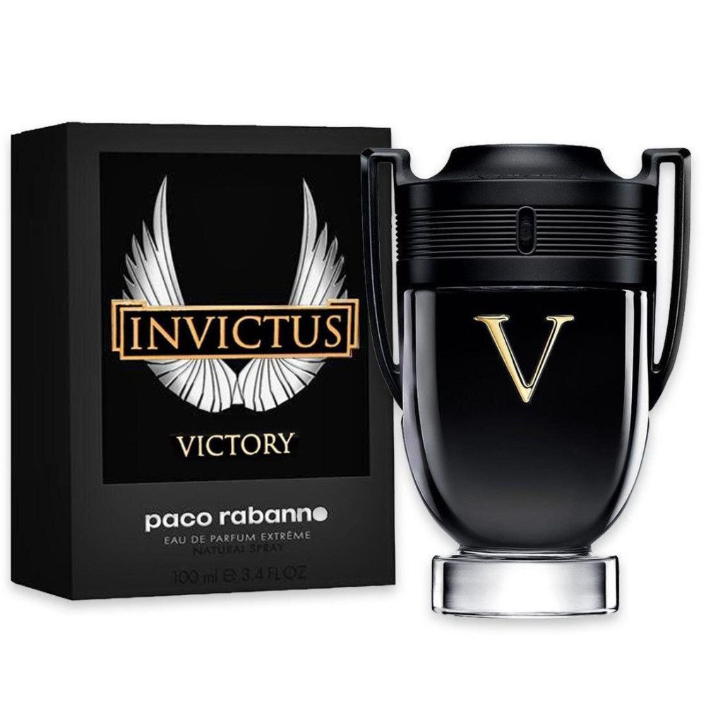 Zwarte flacon met gouden "V" en zwarte verpakking met "Invictus Victory" logo.
