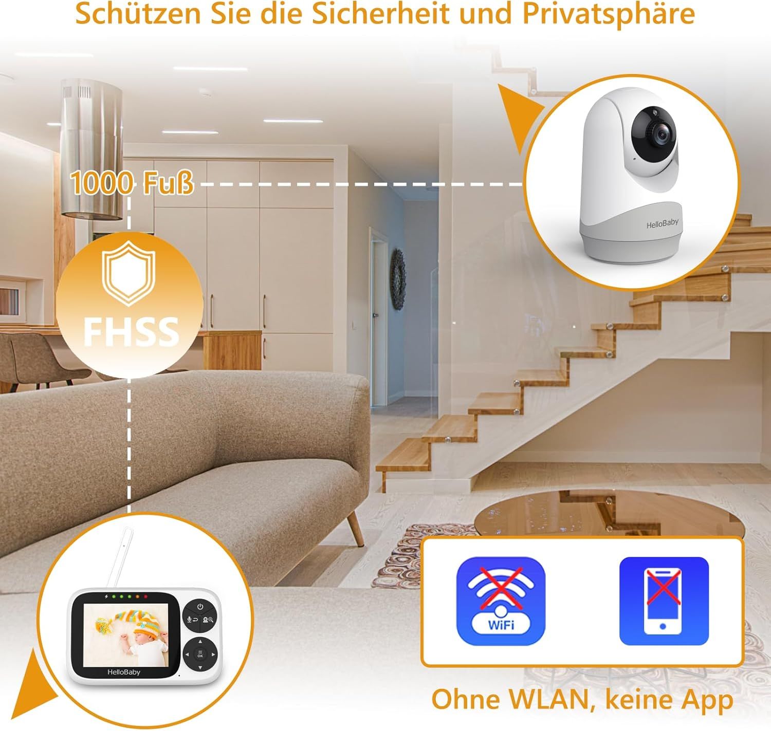Système de babyphone dans une maison. Caméra et moniteur connectés. Technologie FHSS et portée de 1000 pieds. Icônes sans Wi-Fi/App.
