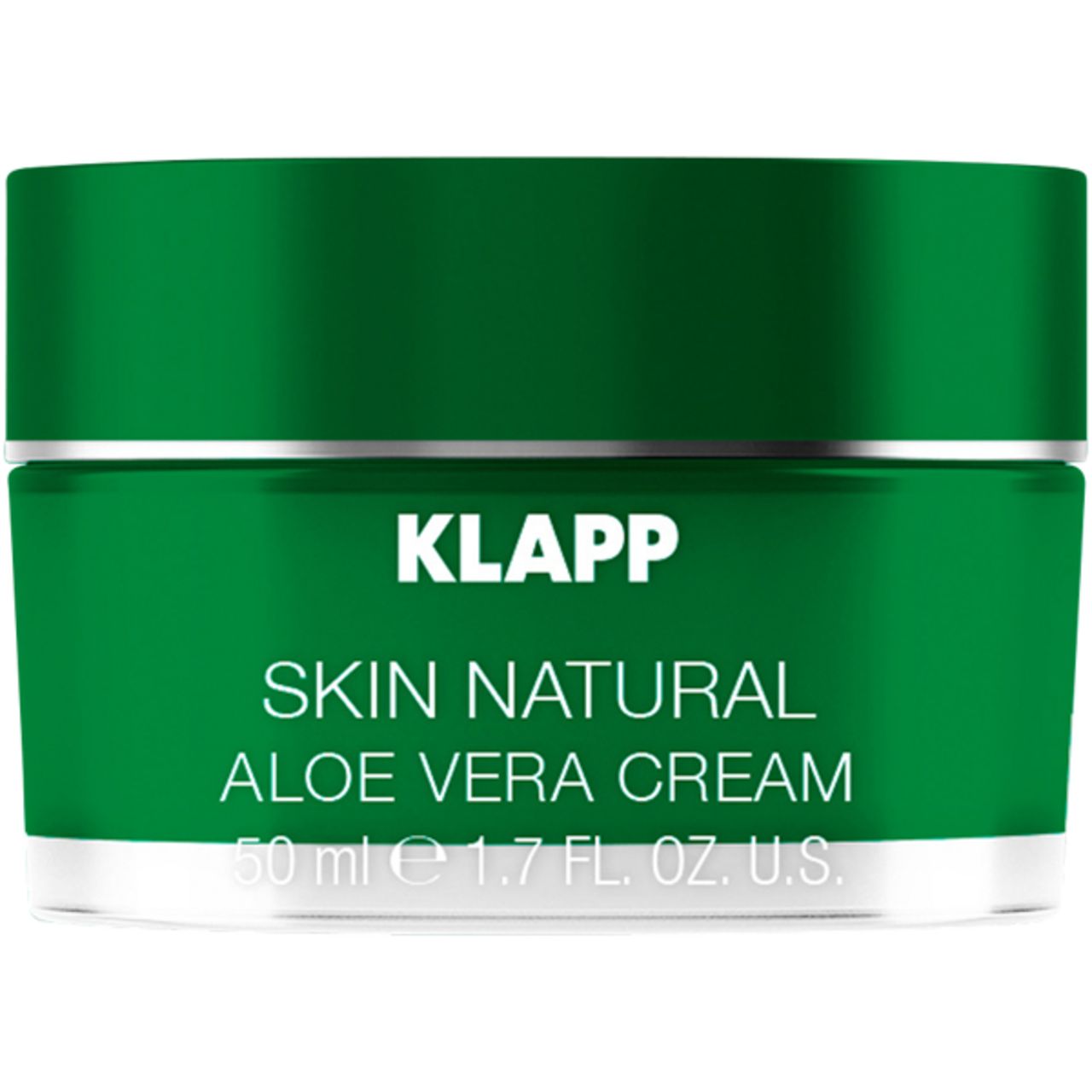 Groene pot met zilveren deksel. Opschrift: KLAPP Skin Natural Aloe Vera Cream. Volume: 50 ml.