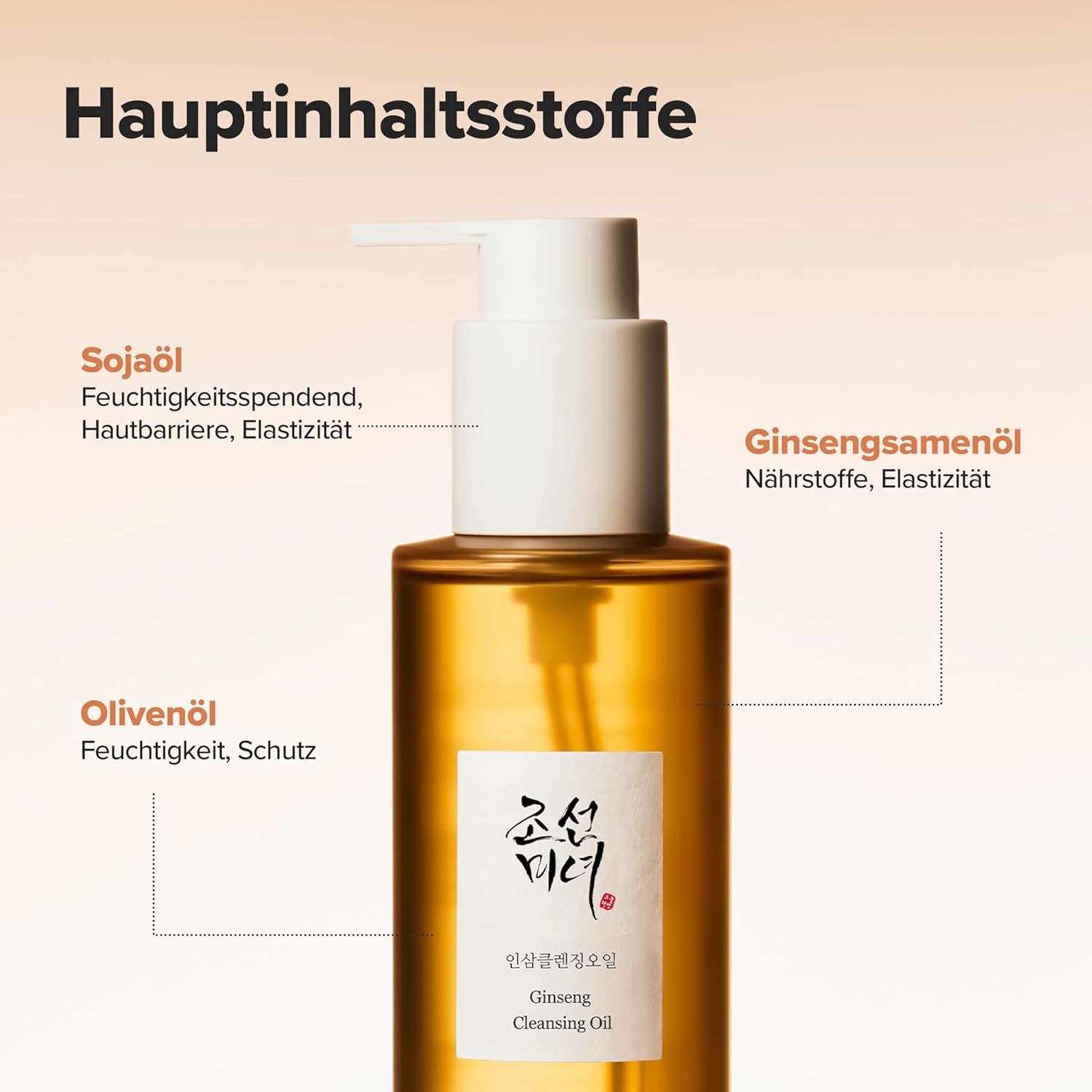 Olie fles met pomp. Tekst: Sojaolie, ginsengzaadolie, olijfolie. Beschrijvingen: Hydraterend, elasticiteit, bescherming.