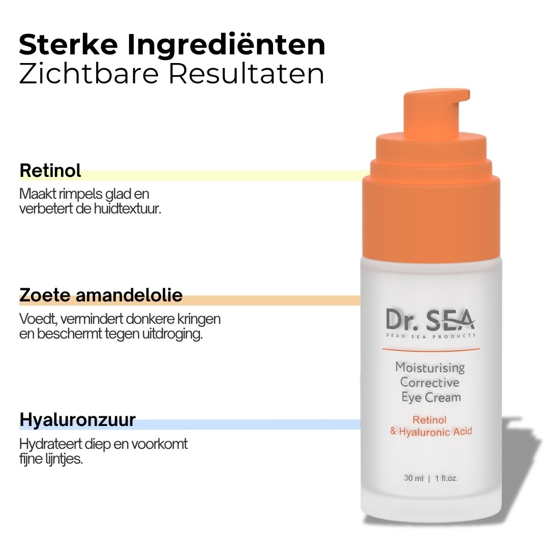Productflesje met tekst en illustraties. Tekst: Dr. SEA, Moisturising Corrective Eye Cream, Retinol & Hyaluronzuur. Met ingrediënten.
