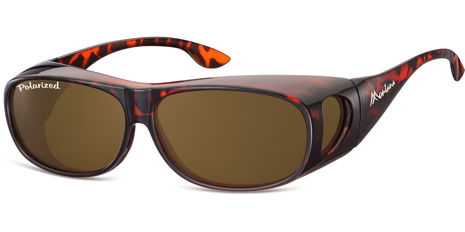 Bruin-rode overzet zonnebril met bruine glazen. 'Polarized' op het glas.