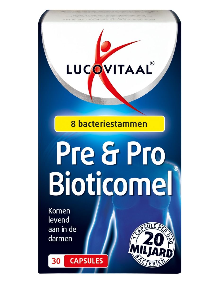 Blauwe verpakking met "Lucovitaal Pre & Pro Bioticomel". Bevat 30 capsules. Gele tekst: 8 bacteriestammen. Opschrift: 20 miljard bacteriën.
