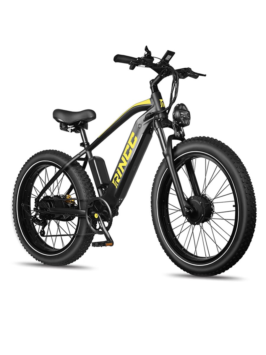 Zwarte elektrische mountainbike, vooraanzicht. Rincc-logo, dikke banden, koplamp.