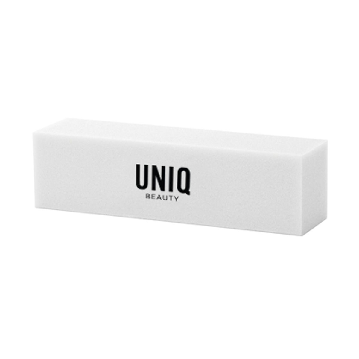 Buffer à ongles blanc avec logo UNIQ BEAUTY noir.